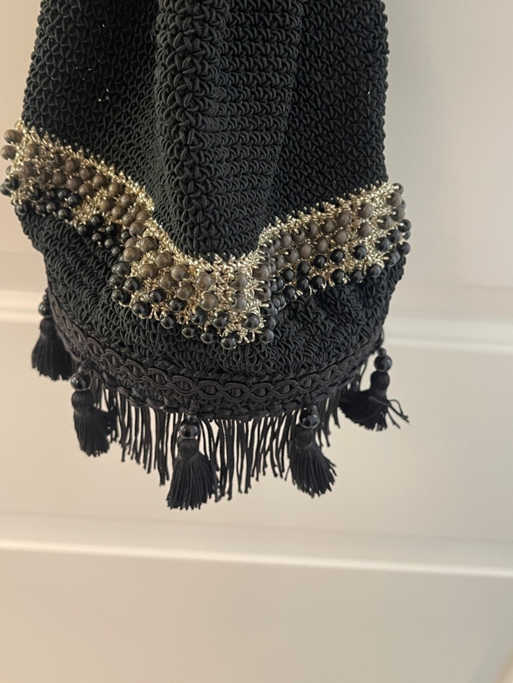 Boho Macramé Black Beaded Fringe Drawstring Satchel / resin bottom - Picture 4 of 13